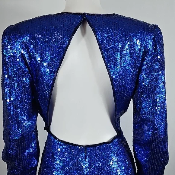 Vintage Sterling By Stone Ferris Blue Sequin Silk Open Back Coctail Party Dress - Picture 8 of 16